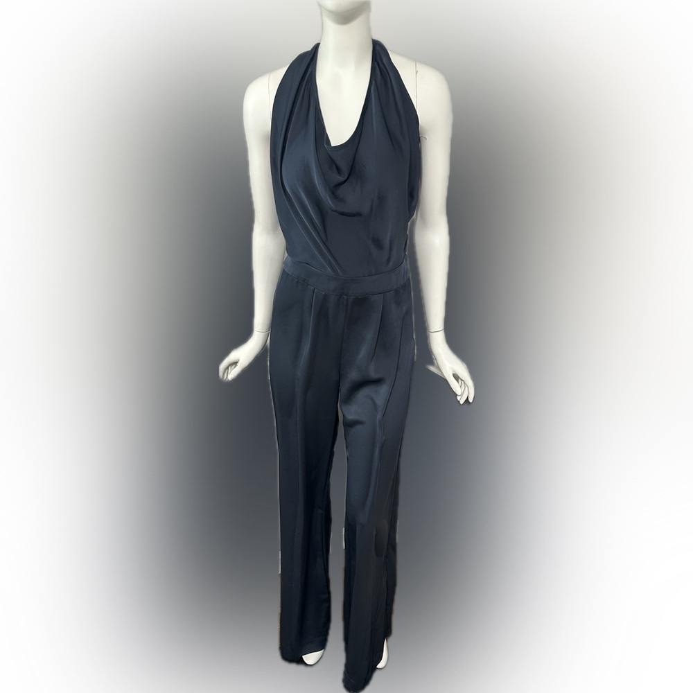 Ramy Brook Harriet Satin Halter Jumpsuit Navy Blue Women's Size‎ O / XS